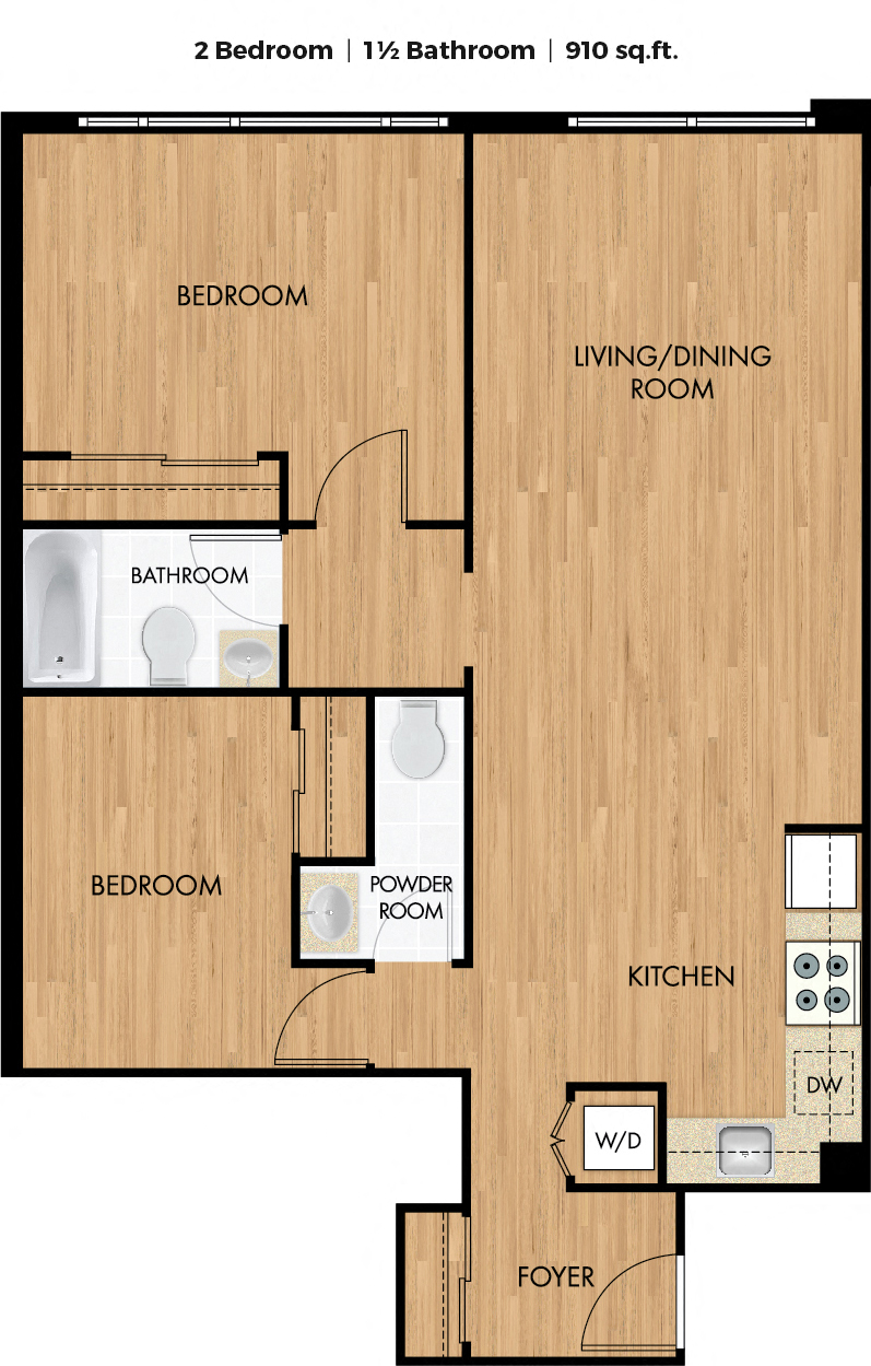 Floor plan for 2 beds, 1.5 baths, 908 sqft